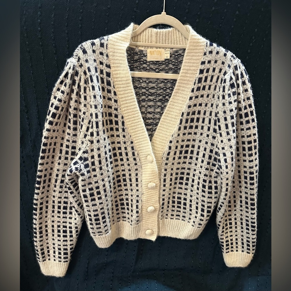 Nation LTD Cream and Navy Blue Checkered Cardigan
